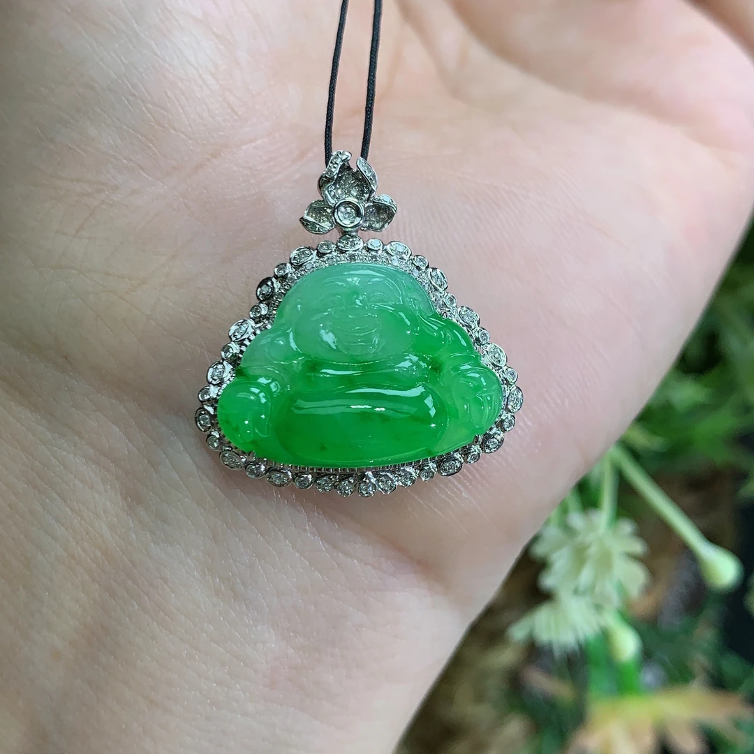 缅甸天然翡翠A货18k冰种阳绿佛公吊坠福尺寸25×24×8mm