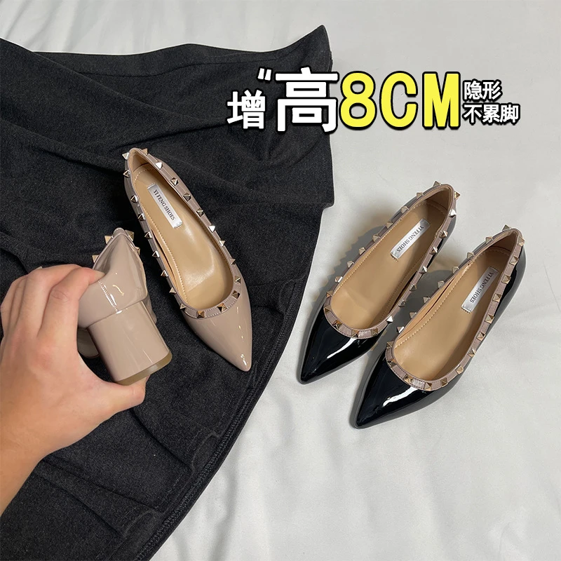 铆钉单鞋女春夏新款内增高粗跟百搭尖头浅口软皮软底3334码小个子