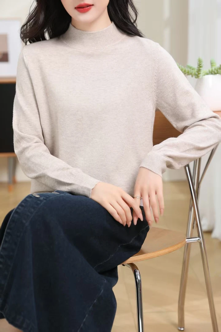羊毛混纺修身百搭半高领女网红常规版女士圆领秋冬时尚套头纯色