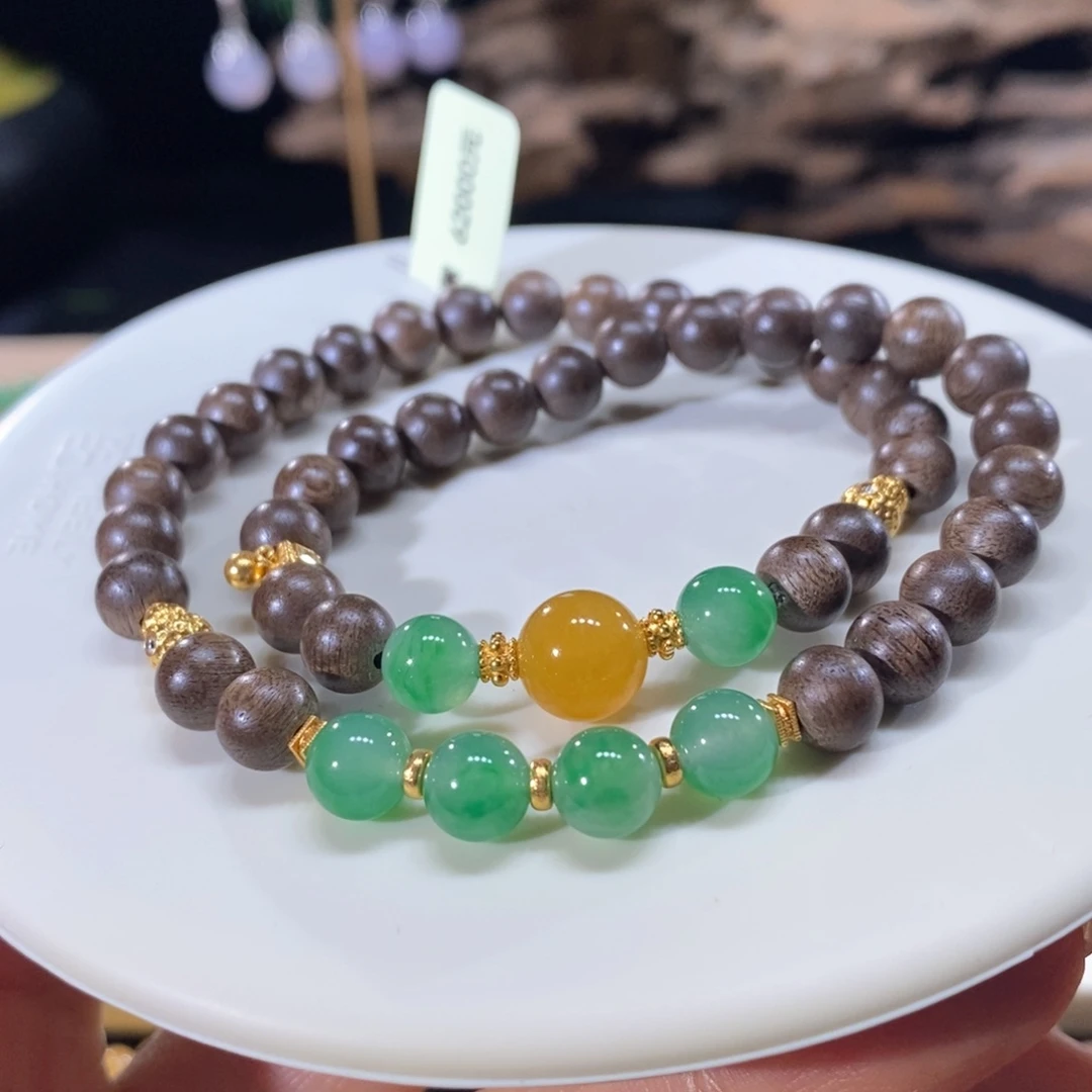 翡翠未镶嵌颈饰翡翠18k金冰满绿圆珠手串