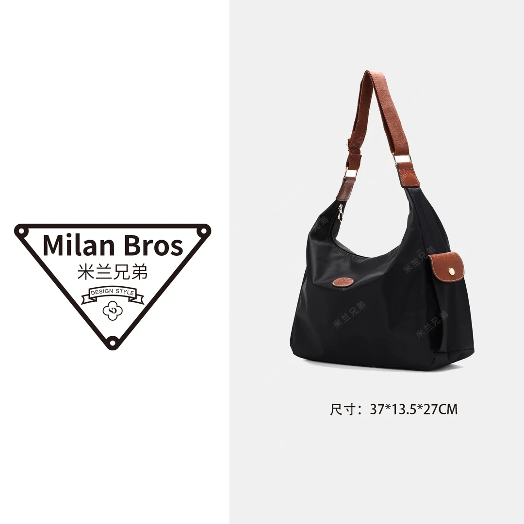 【米兰兄弟】牛皮拼牛津布托特黑色包女士单肩包