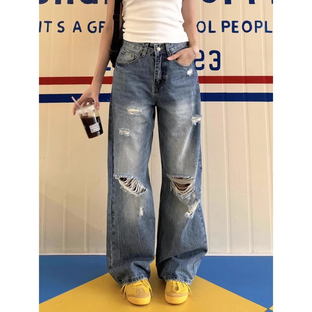 休闲国潮美式复古水洗宽松直筒破洞牛仔裤女小众阔腿街头拖地长裤