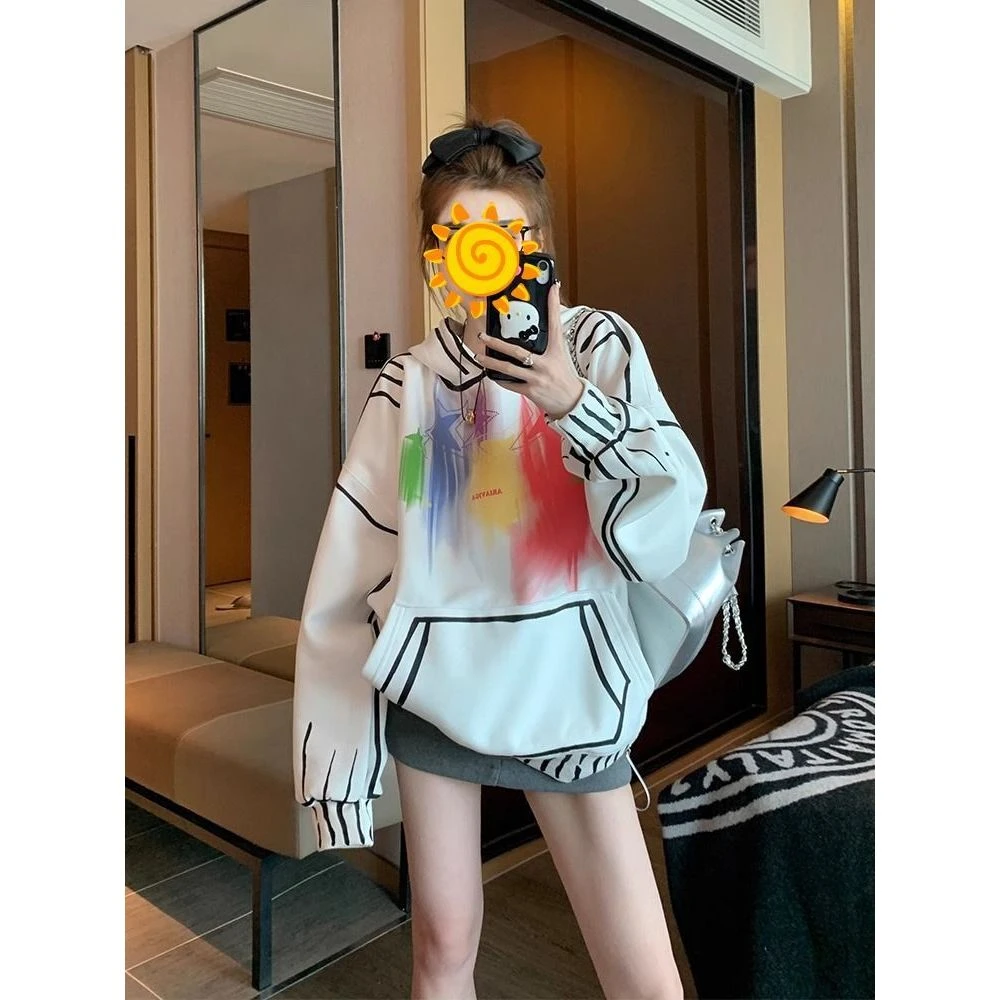 秋冬季特大码300斤彩色休闲百搭印花卫衣女美式复古潮流宽松外套