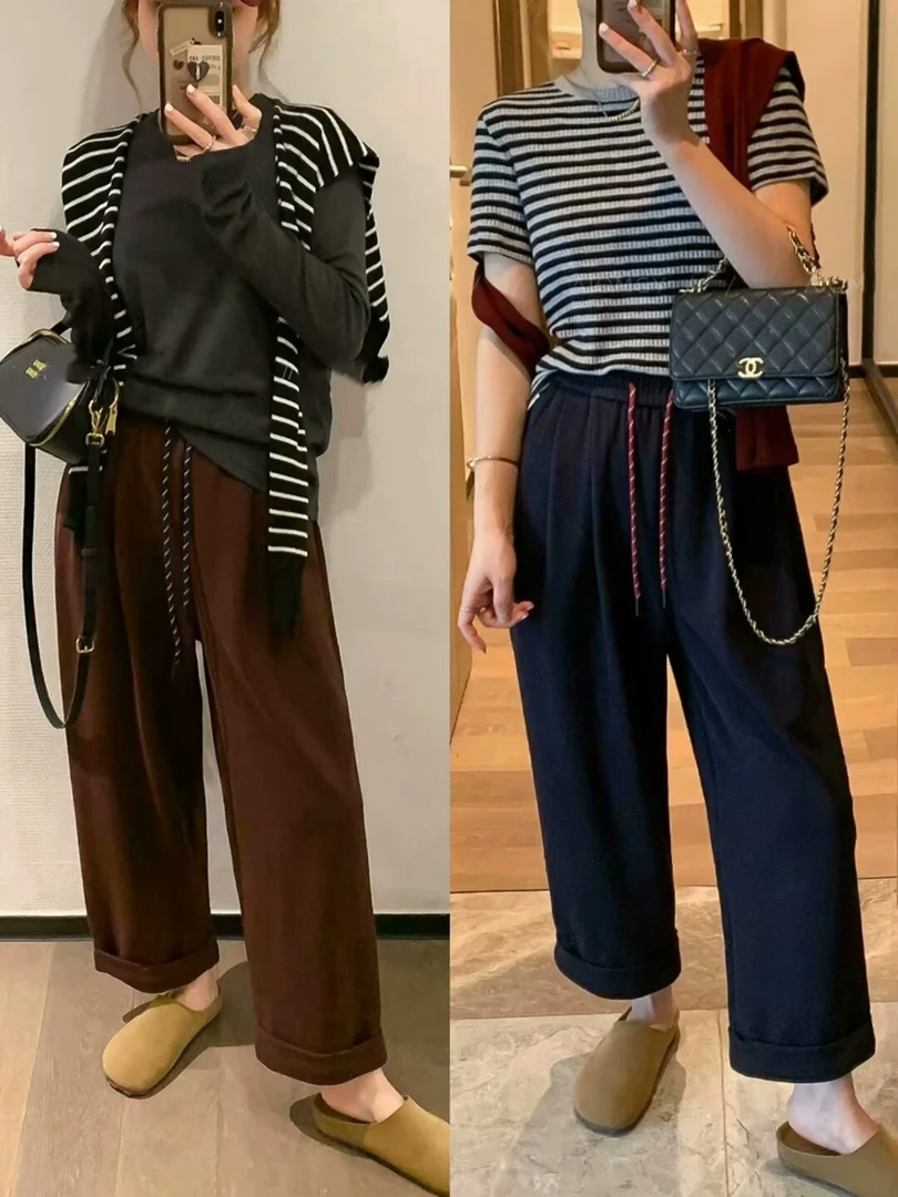 【小李微微胖】松紧腰抽绳直筒阔腿裤女新款高腰休闲裤长裤