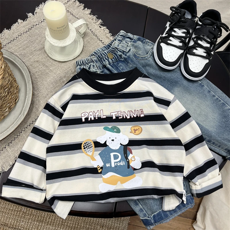 宝宝韩系卡通趣味圆领长袖t恤春装男女童条纹百搭春款打底衫上衣