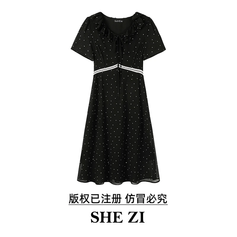 奢姿【星点漾光】大码女装显瘦时尚气质荷叶边领拼接雪纺波点连衣裙