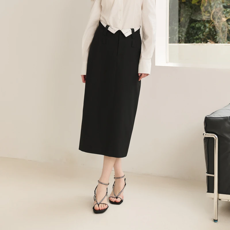 Three Quarters 25SS腰部翻边设计长款半裙休闲夏季新品半身裙