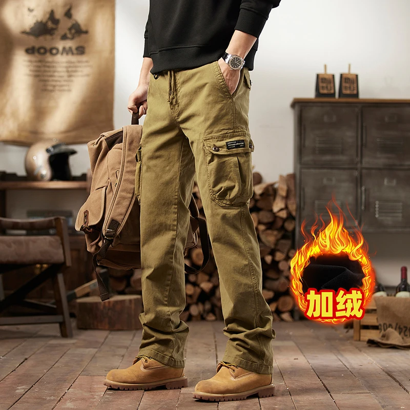 【纯棉直筒】男裤工装裤男士口袋加绒潮流复古男士锥形休闲裤大码