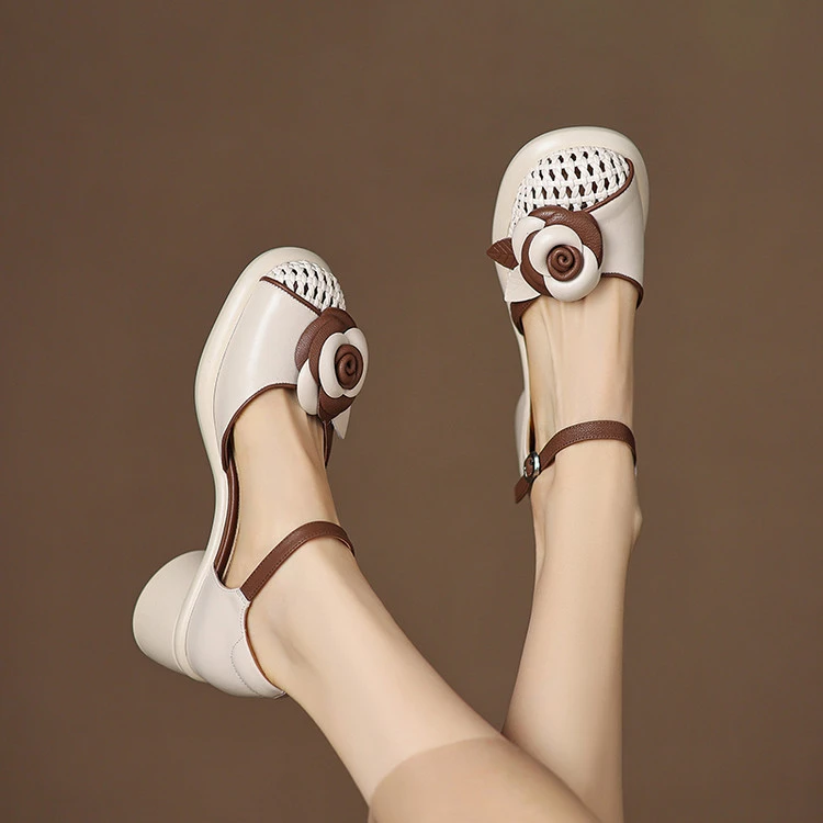 厚底真皮包头凉鞋女2025新款夏季女鞋镂空花朵编织罗马粗跟高跟鞋