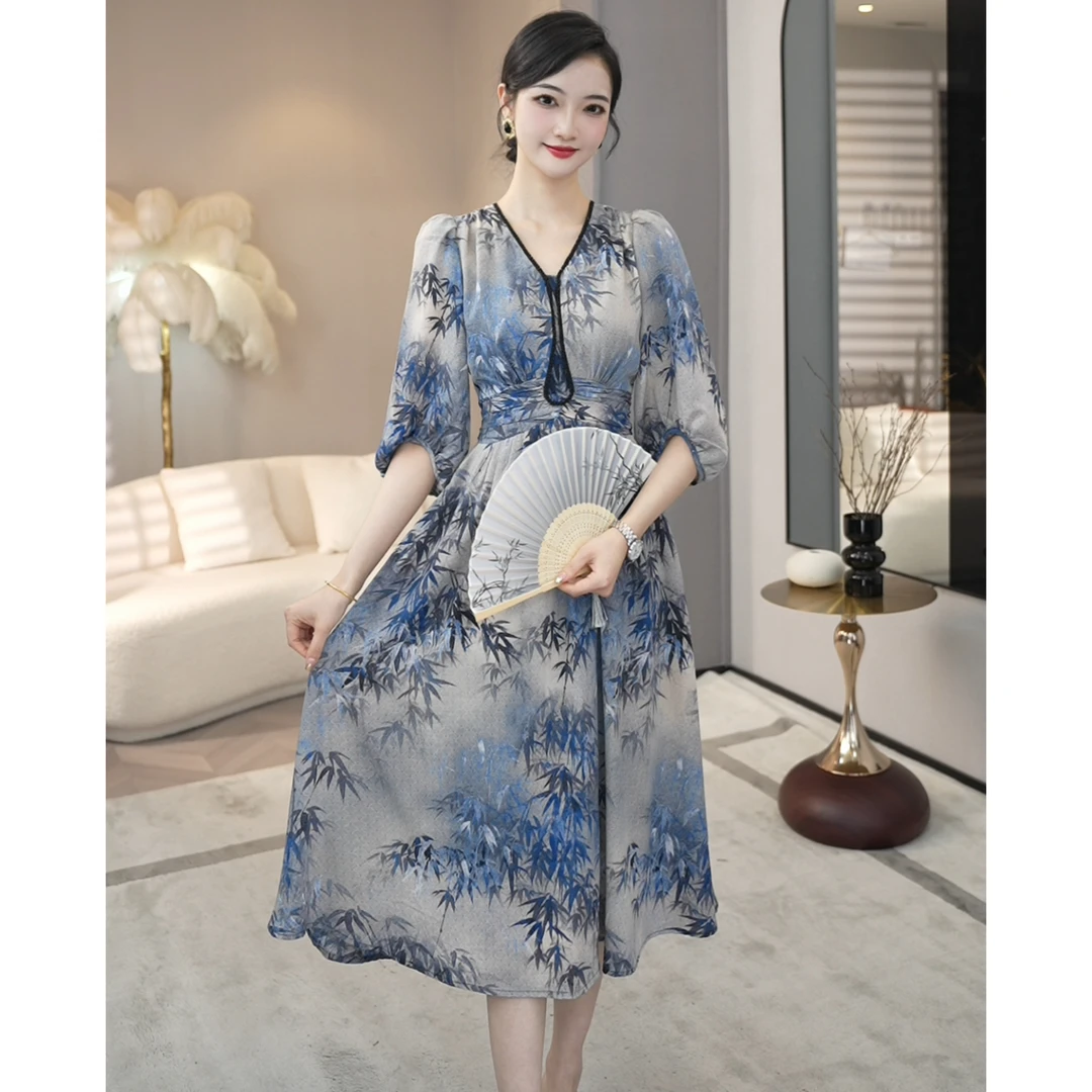 现货2025春夏新款【7026】新中式气质小众设计款蓝色碎花连衣裙子女