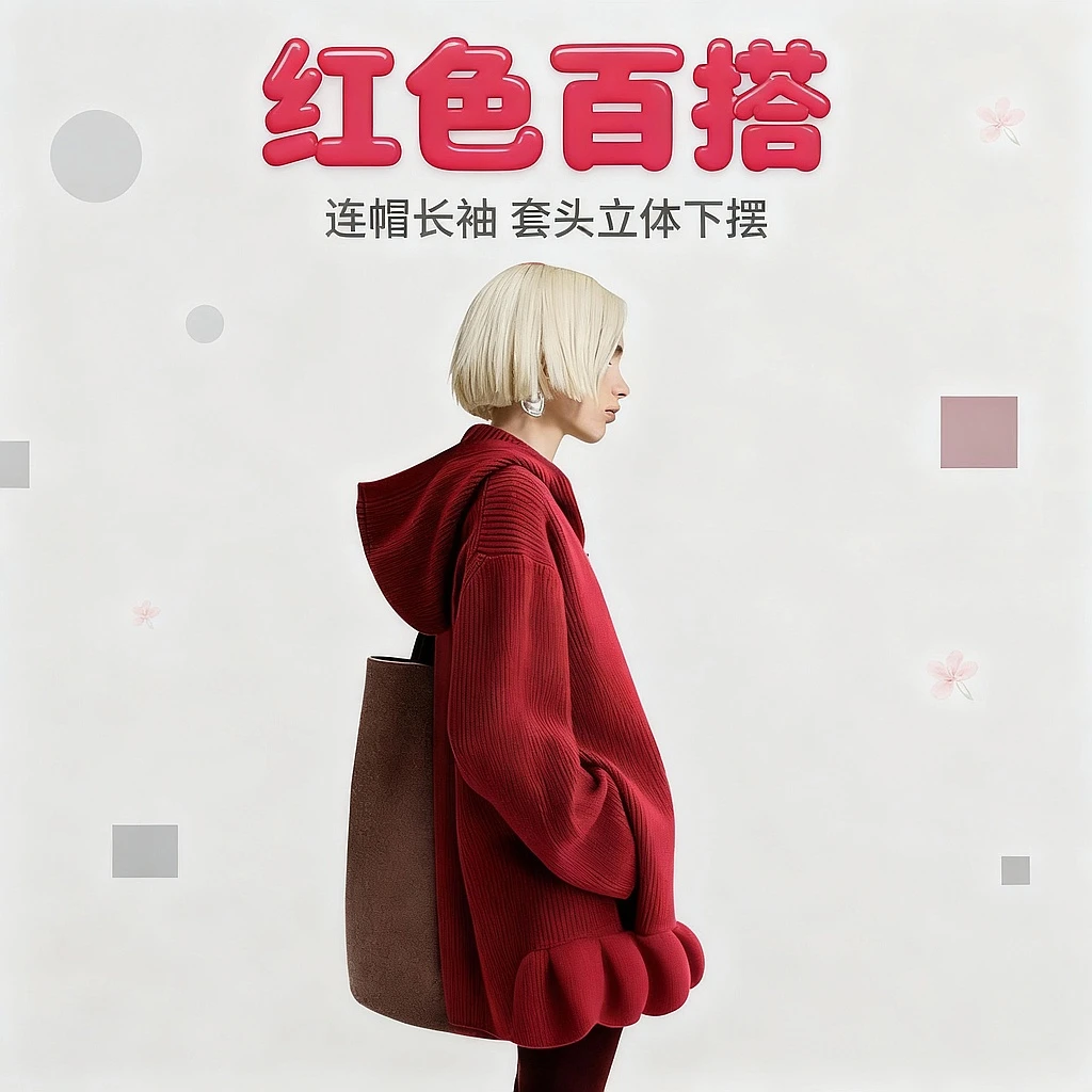 连帽毛衣外套女2025年冬新款红色百搭气质宽松英伦风针织加厚外套