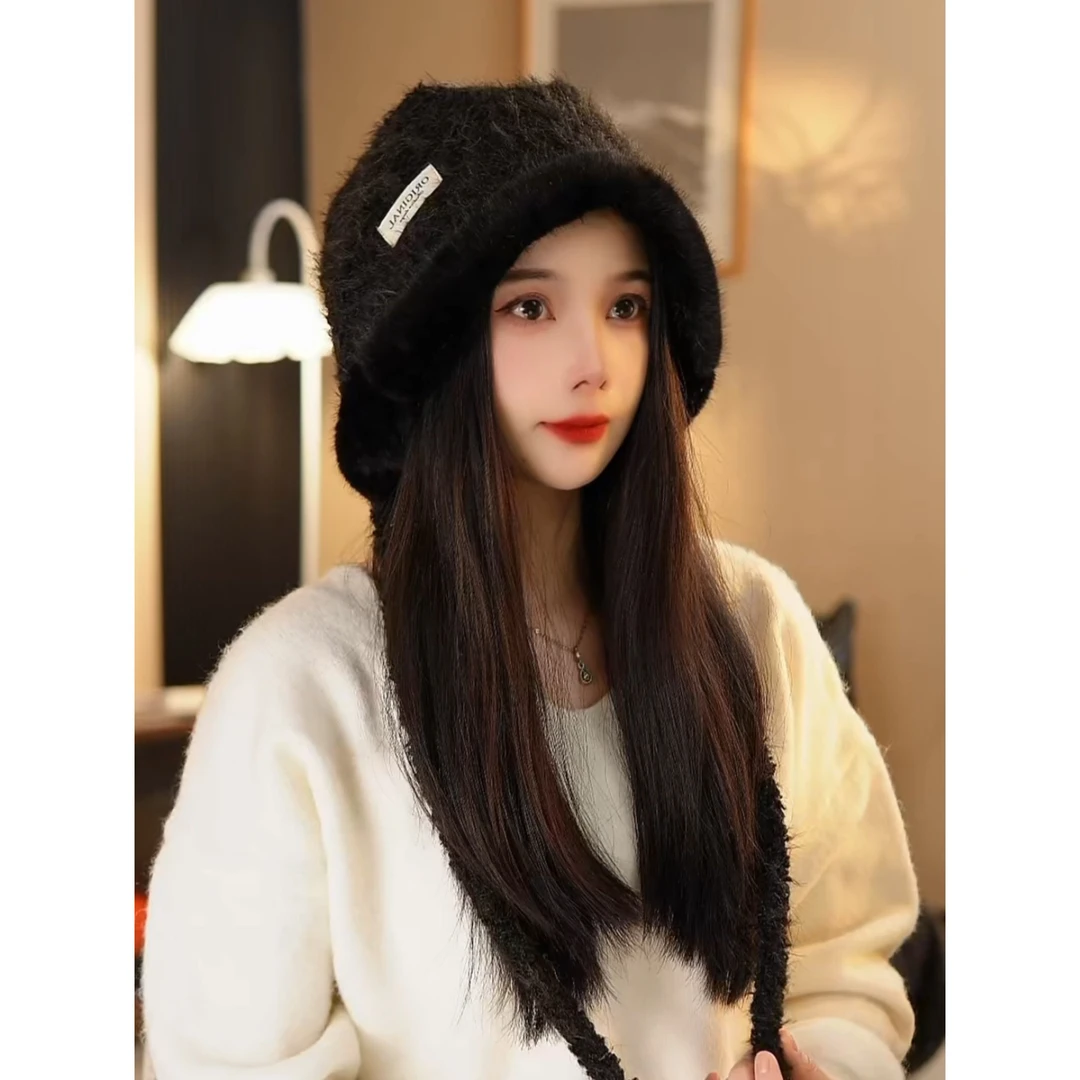 毛绒耳包绑带帽子秋冬男女加厚保暖护耳毛线冷帽女士韩版包头加绒