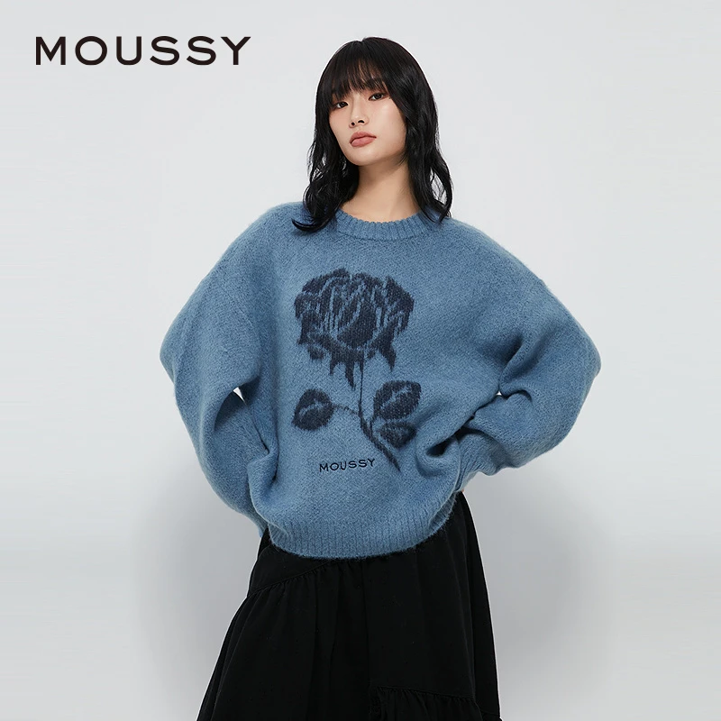 MOUSSY 新品复古提花玫瑰图圆领针织衫毛衣028IAZ70-1022
