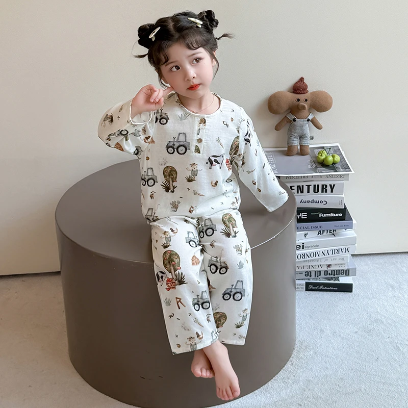 女童睡衣春秋季纯棉薄款长袖2025新款儿童纱布套装秋季宝宝小女孩