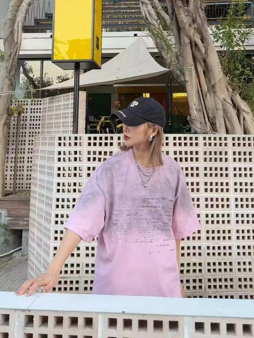 圆领短袖做旧水洗字母T恤印花渐变春夏潮流
