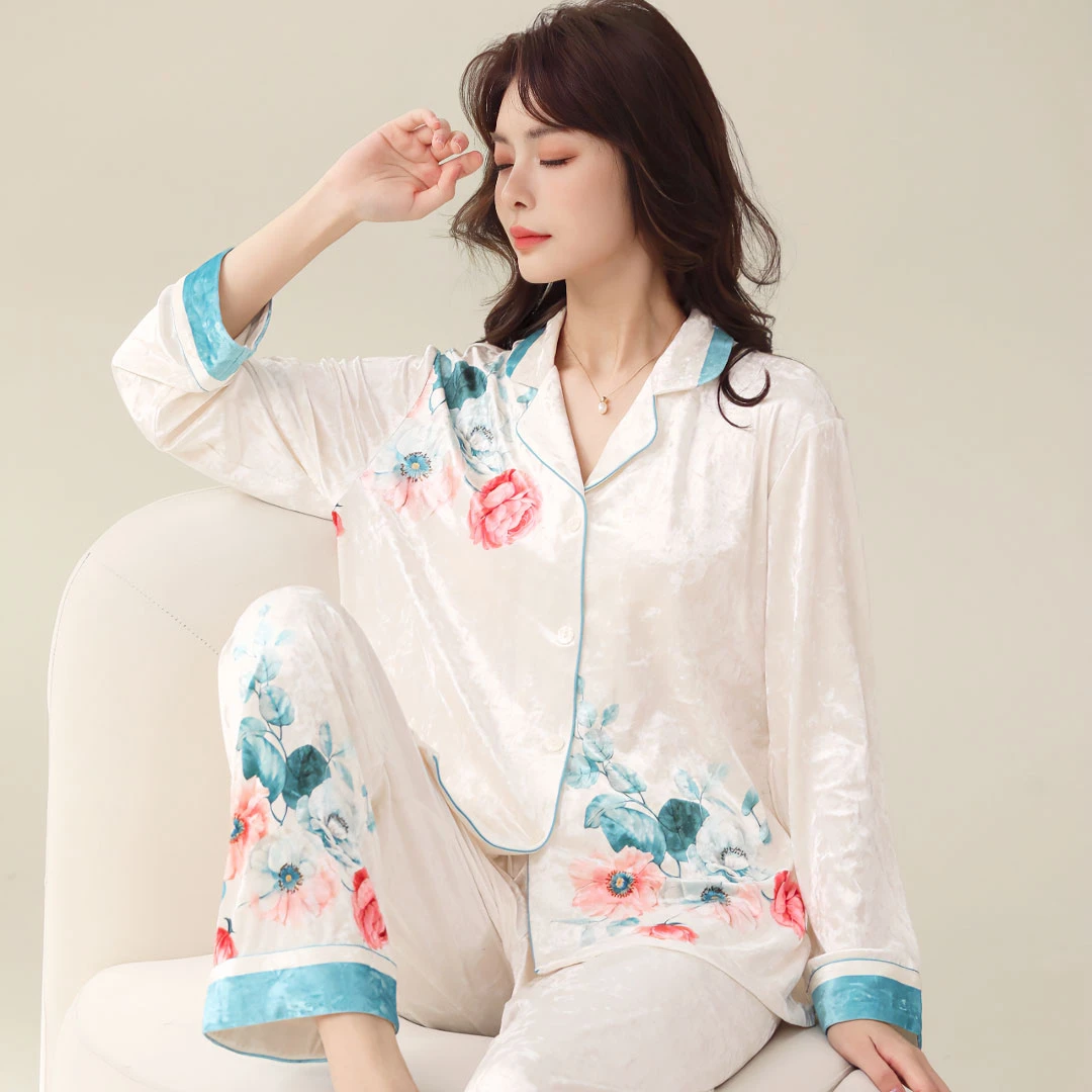 星叶梦秋冬雪花金钻绒金丝绒国风锦绣花长袖套装家居服睡衣女女士