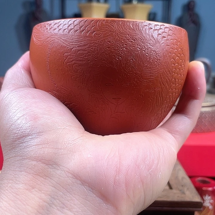 用***7茶杯紫砂云归月地朱泥大缸杯微瑕