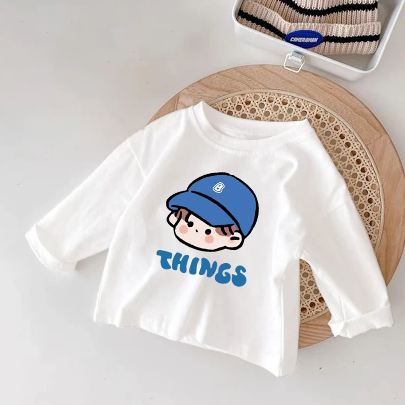 纯棉宝宝长袖T恤女童春秋韩系洋气百搭中小童卡通圆领男童打底衫