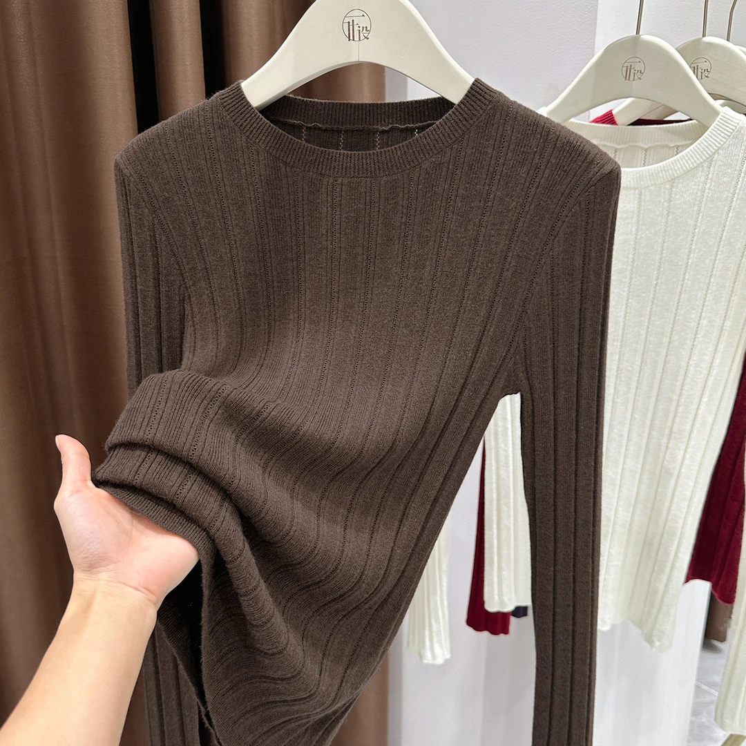 咖色圆领套头长袖打底衫气质内搭套头小衫秋冬新款内搭针织上衣女