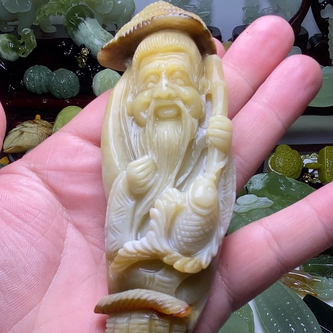 蛇纹石玉合金渔翁手把件