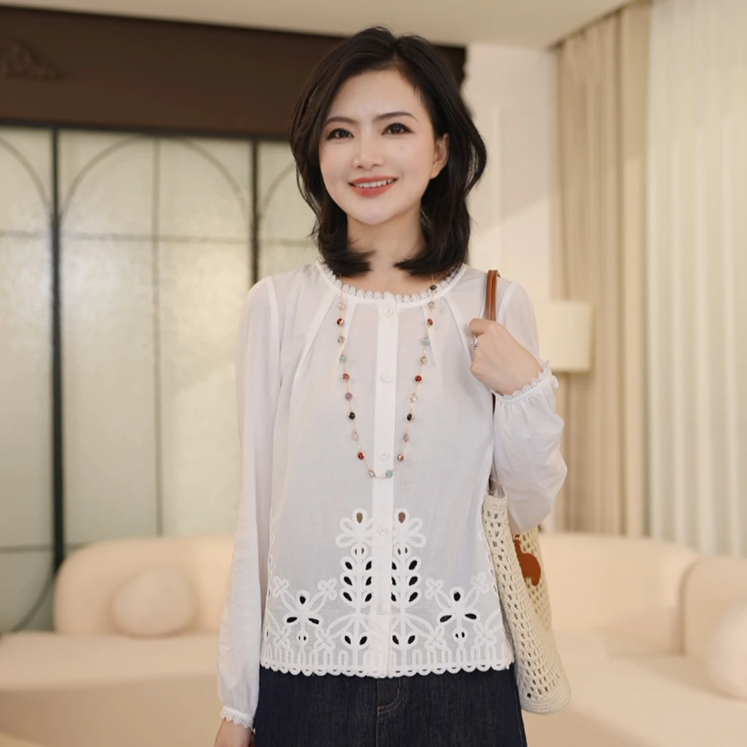 枫竺阿楠anan气质圆领纯棉定位花刺绣衬衫女初秋通勤百搭外套衬衣