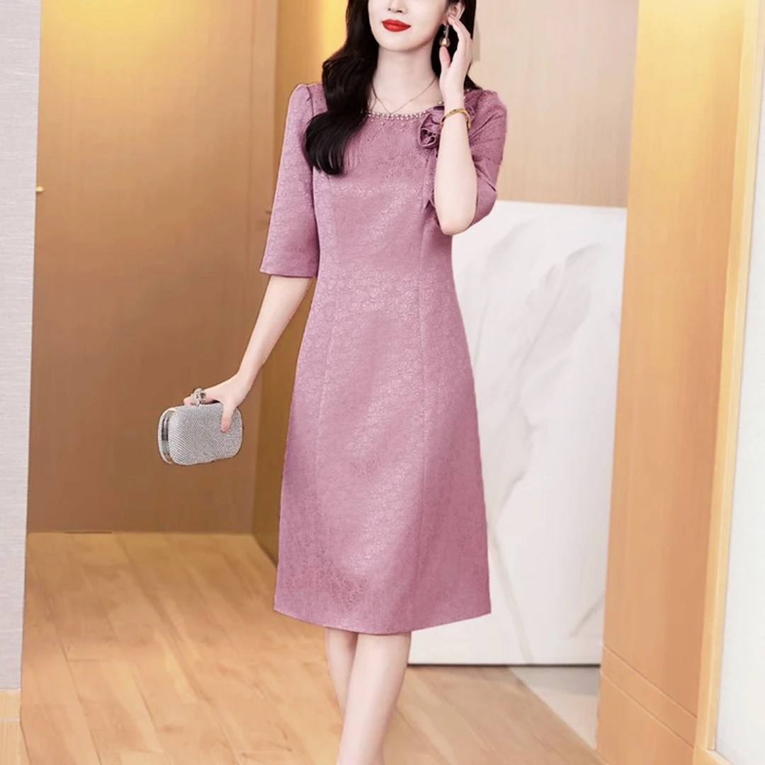 高端粉色醋酸晚小礼服连衣裙女2025年春秋新款婚宴妈妈装包臀裙子