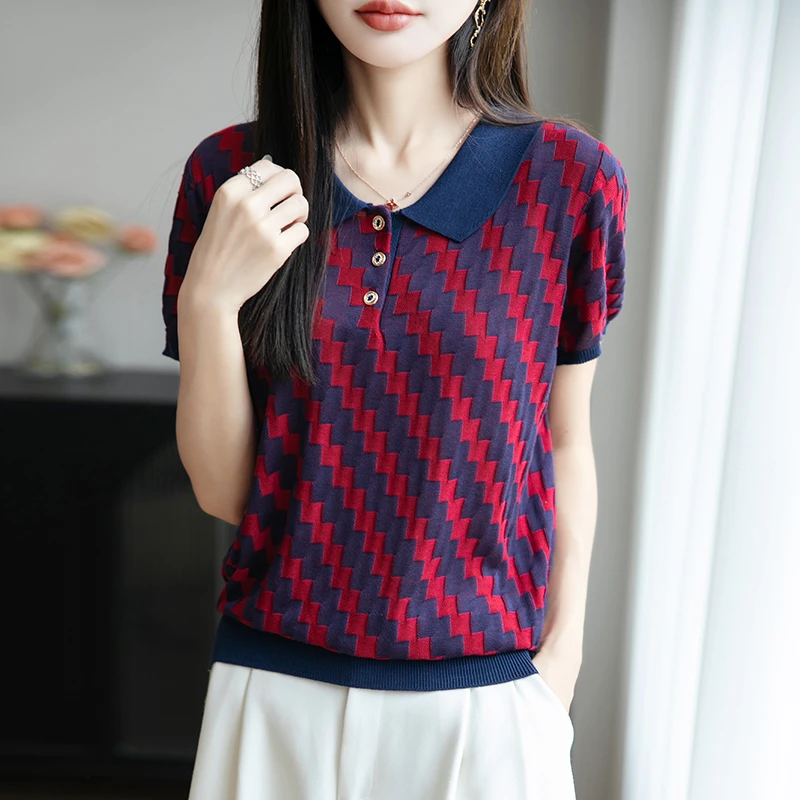 品牌2025夏新款薄款老钱风菱形时尚气质显瘦翻领针织衫上衣短袖女