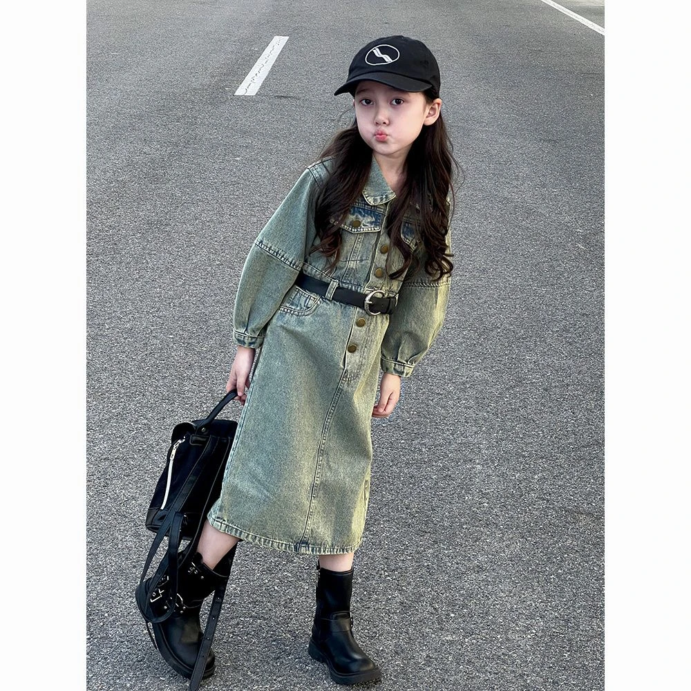 【送腰带】女童2025春秋时尚牛仔连衣裙中大童女生长裙酷girl修身款