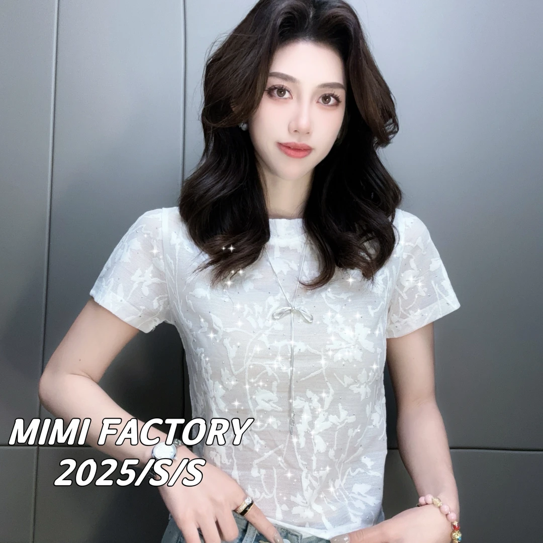 2025夏季新款 蕾丝满天星网纱短袖T恤女修身显瘦上衣4836#