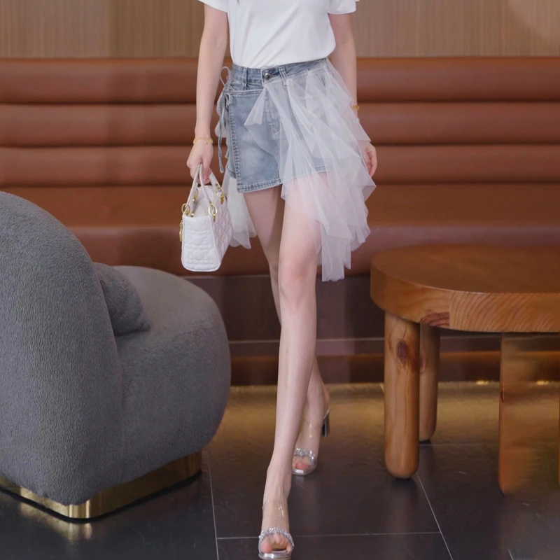 网纱拼接时髦炸街夏日牛仔半身裙女夏季不规则气质高腰百搭短裙裤