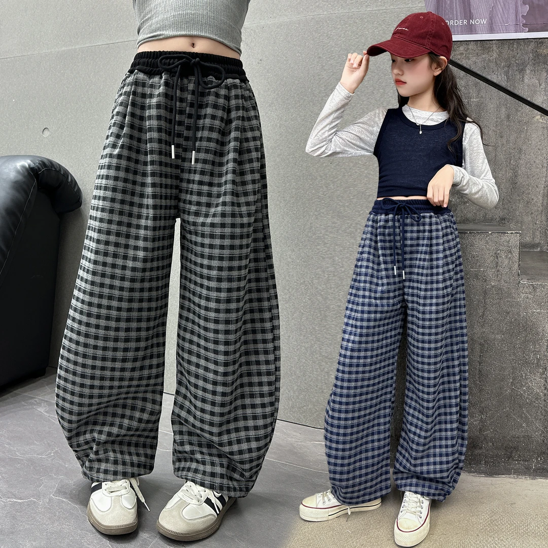 女童秋季拼接格子裤2025新款儿童装休闲阔腿裤中大童长裤子春秋款