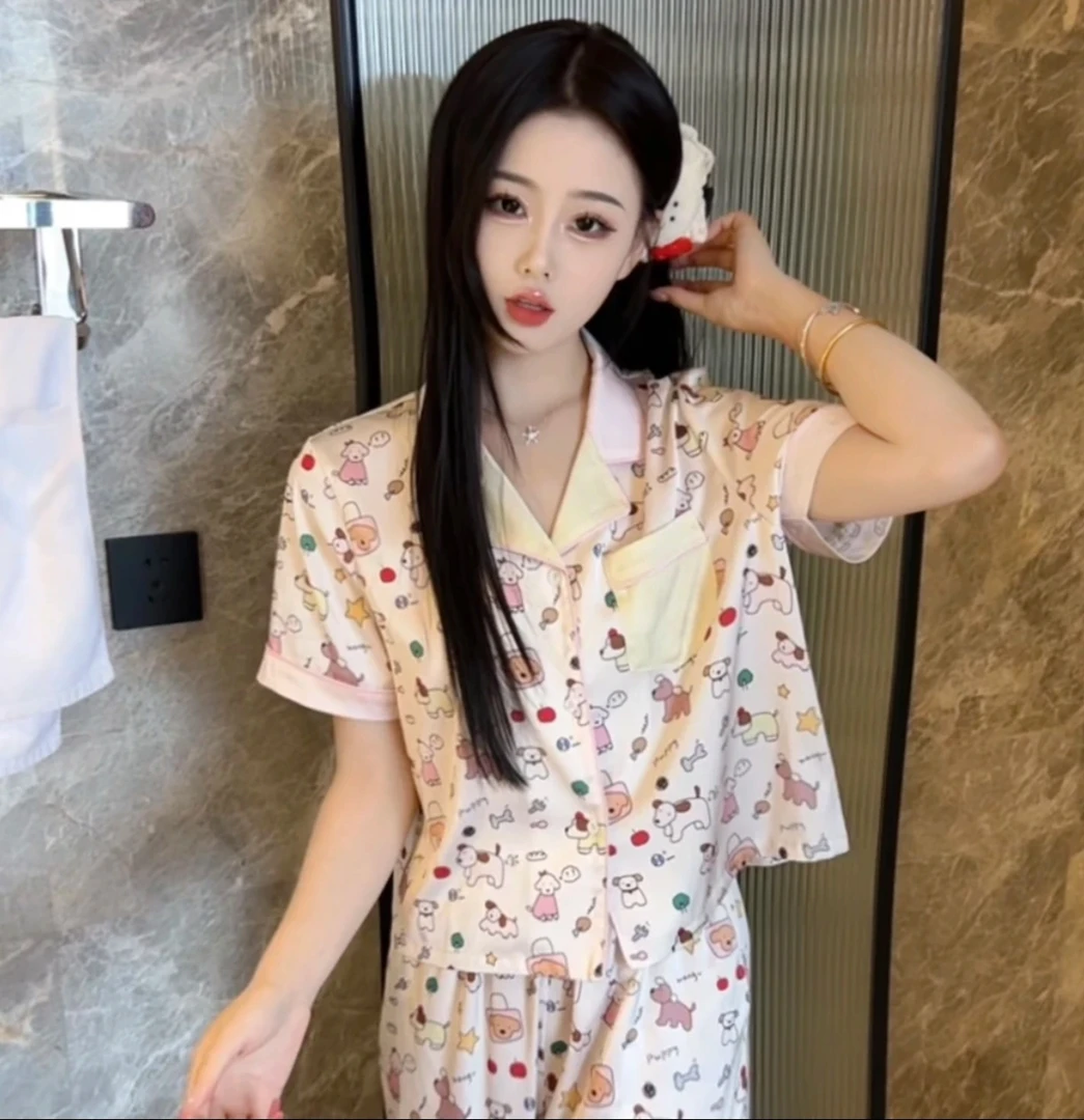 （开心狗）夏季休闲可爱精显瘦短袖睡衣女家居服高腰套装可外穿高级