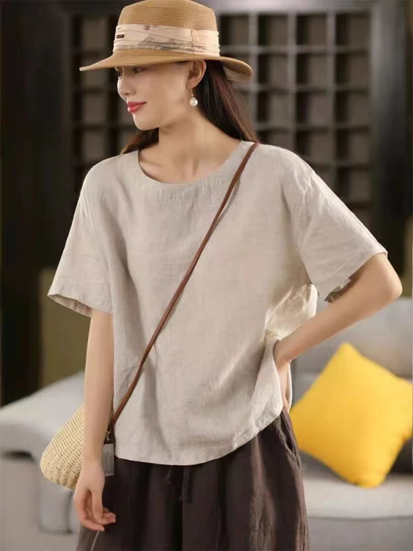 100%亚麻常规袖圆领短袖宽松T恤韩版套头山系日奢风简约百搭