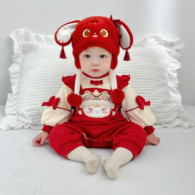 婴儿衣服冬季加绒婴儿连体衣国风小龙宝宝拜年服满月百天周岁礼服