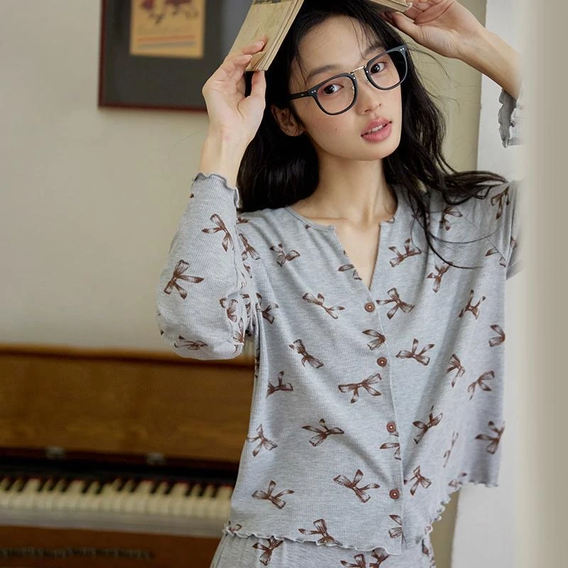 MILORD【灰色蝴蝶结】时尚睡衣女长袖长裤秋冬季家居服简约可外穿