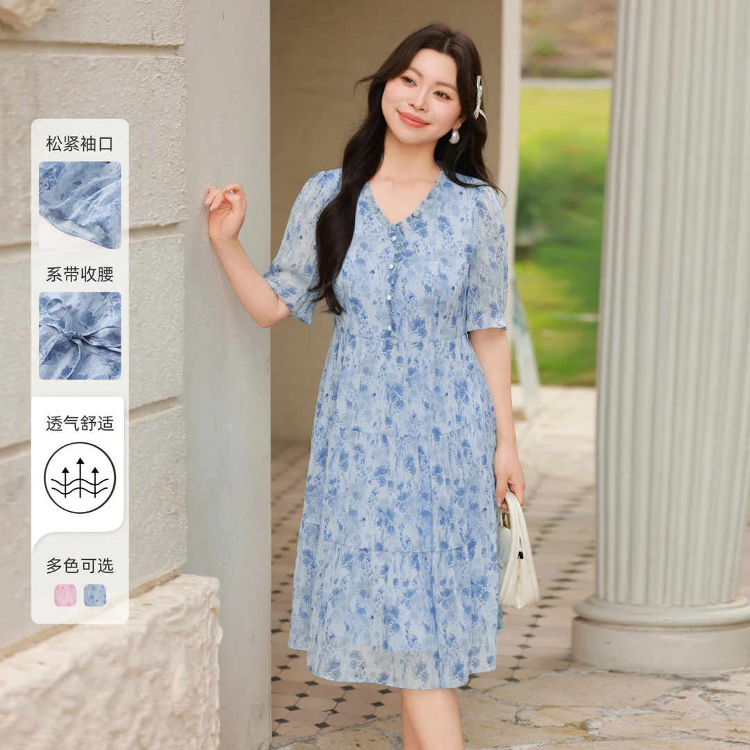 【法式收腰V领碎花雪纺茶歇连衣裙子】MsShe大码女装夏季A~S2504007