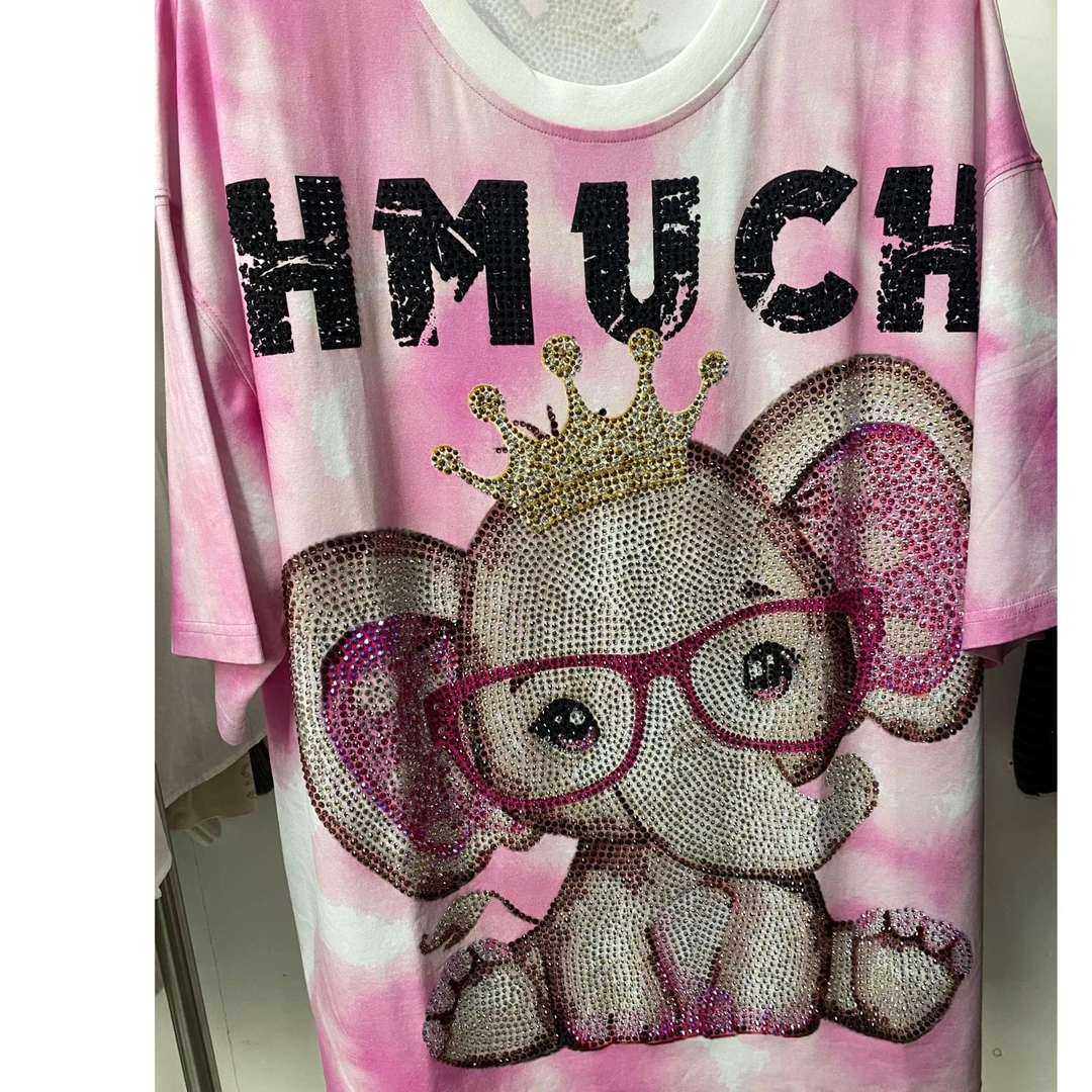 DC时尚潮牌字母小象烫钻粉色T恤