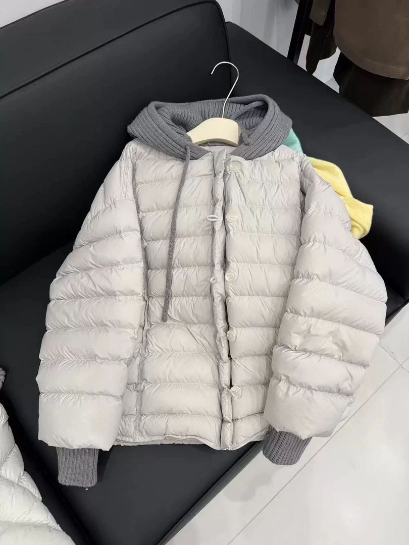 【不得不爱】2025冬季新款韩版休闲可拆卸连帽针织拼接羽绒服