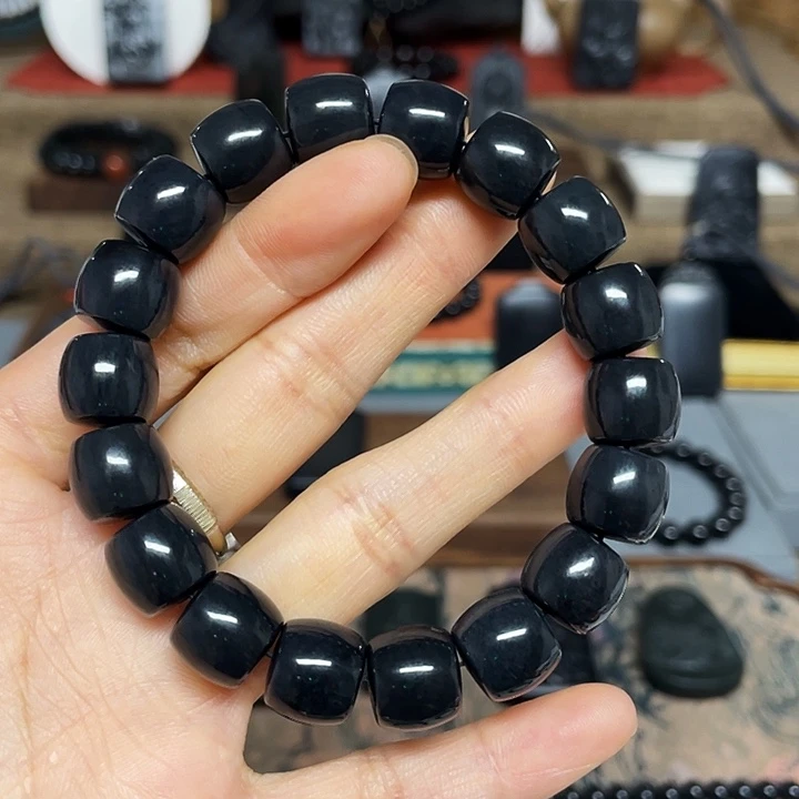 手串未镶嵌和田玉（墨玉）开门卡12直切送平安扣