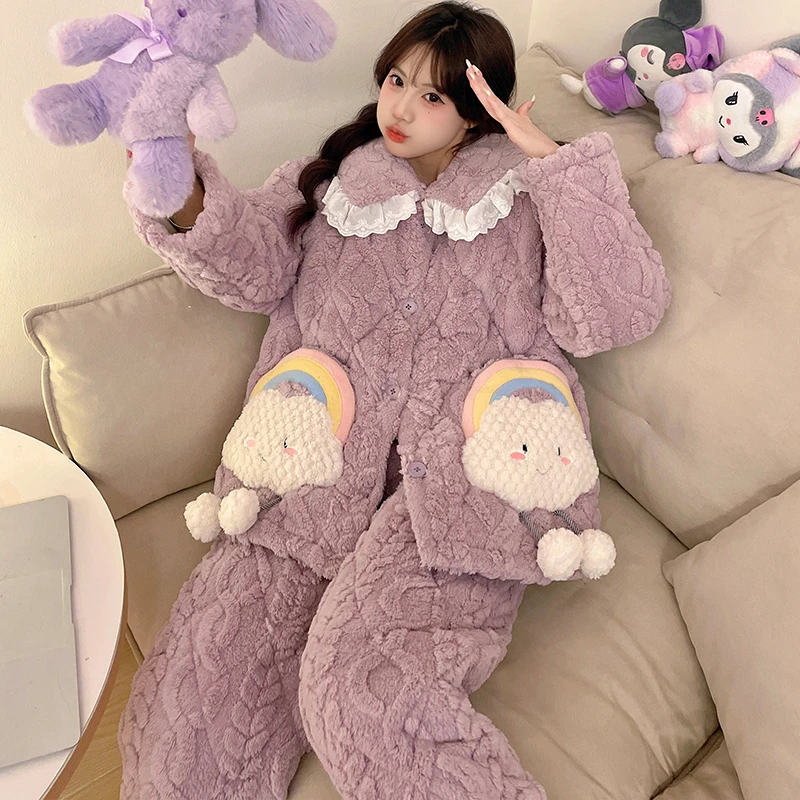 三层加厚加绒夹棉睡衣女士冬季甜美卡通珊瑚绒可外穿家居服 8987