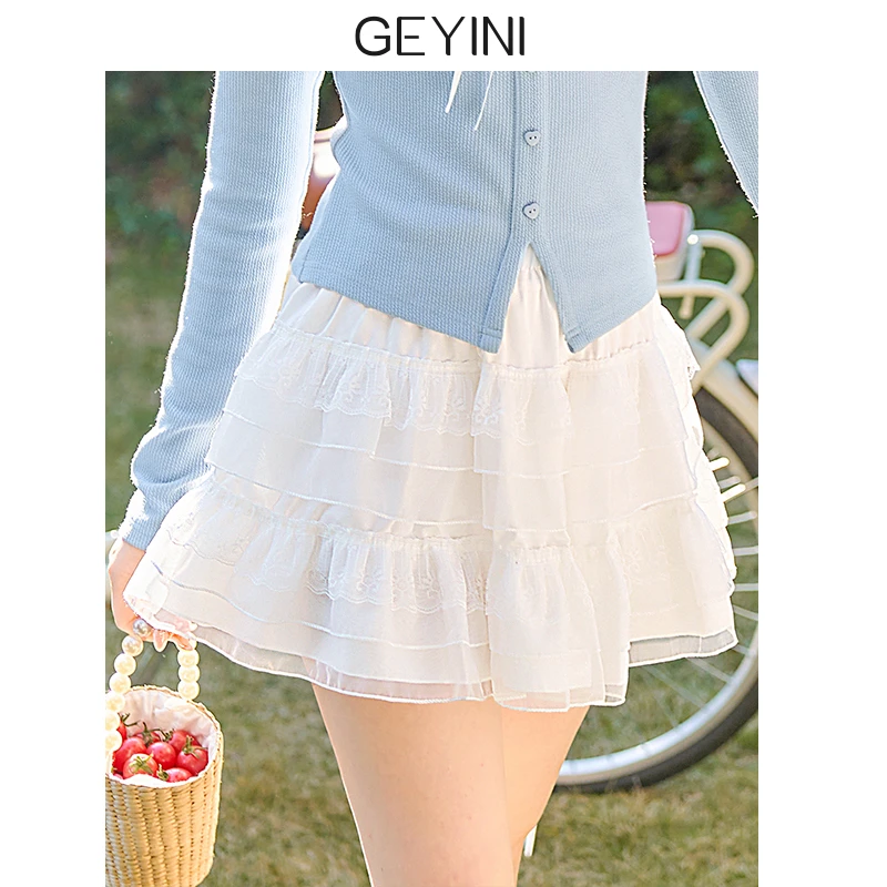 歌依妮夏季新款女甜美米白色小个子蕾丝短裙蓬蓬裙蛋糕裙半身裙