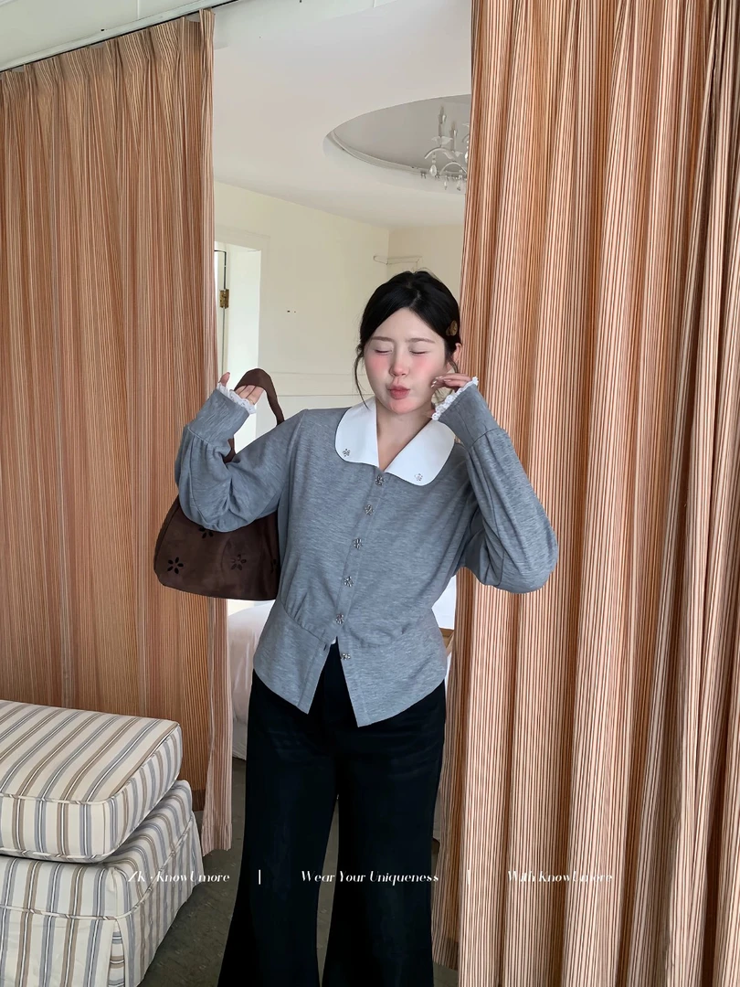 知葵微胖定制【miu系小花】初秋娃娃领撞色学院POLO衫12254PL2348