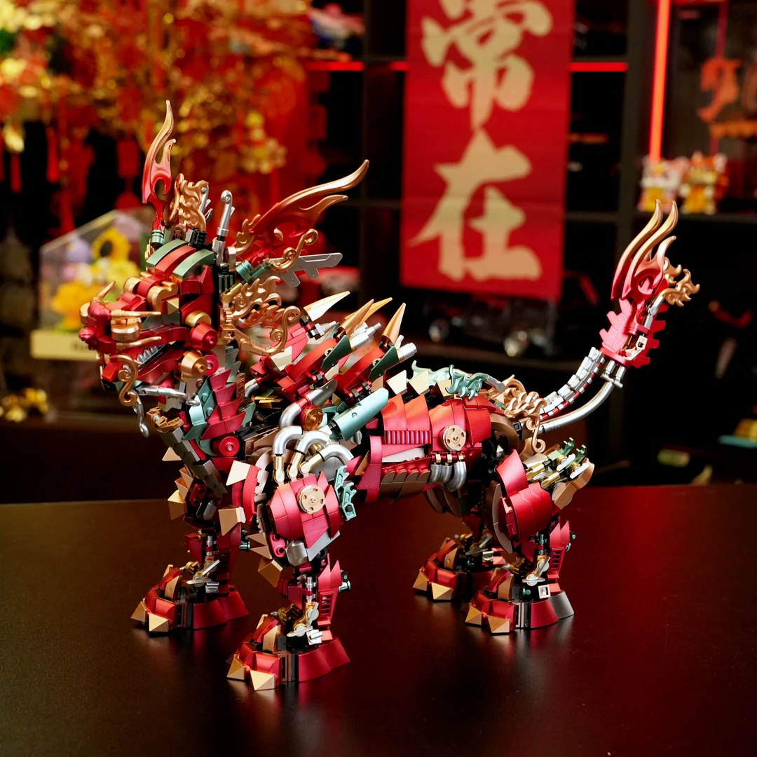 新年限定【炽造社】神兽纳福拼装国潮火麒麟颗粒积木模型摆件P2116