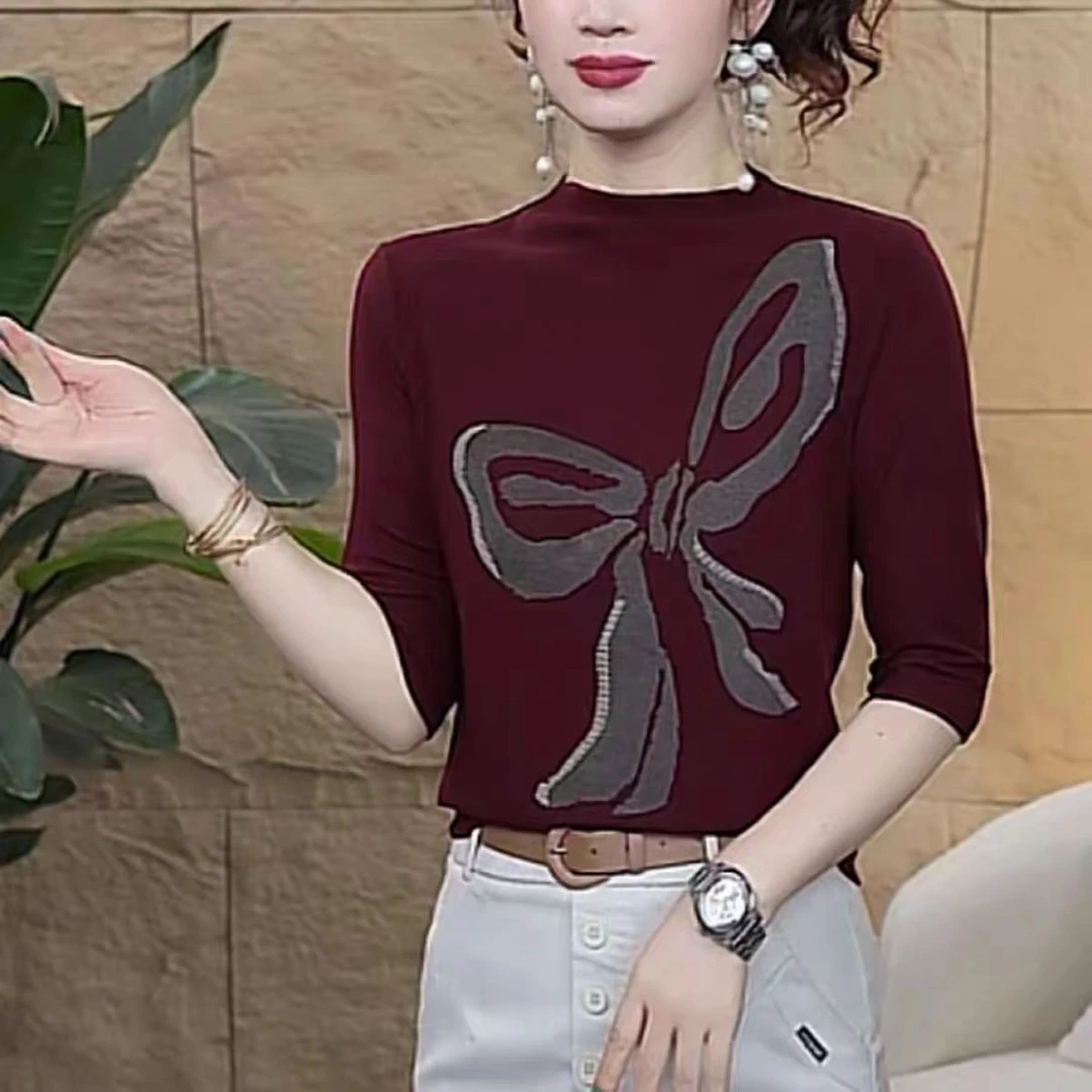 显瘦蝴蝶结印花时尚中袖款女钉珠印花T恤黑色常规款中袖