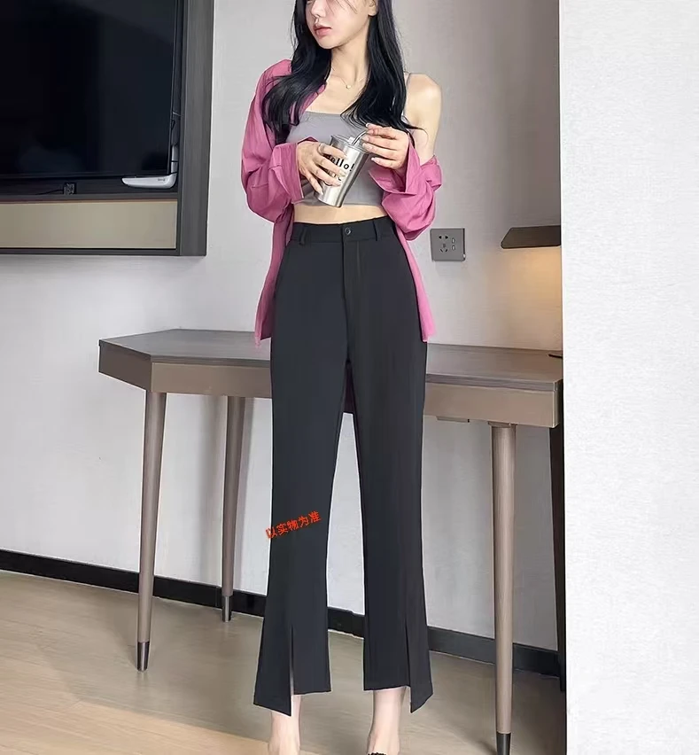 高腰纯色开叉薄款西装裤拼接夏季裤子休闲百搭9083