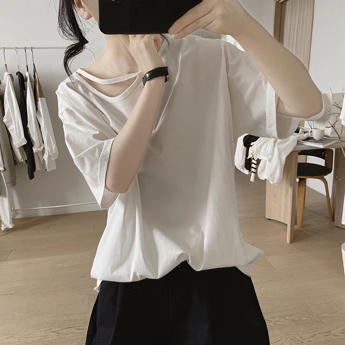 小清新甜美露肩纯棉短袖t恤女夏季新款宽松减龄高级感体恤上衣潮