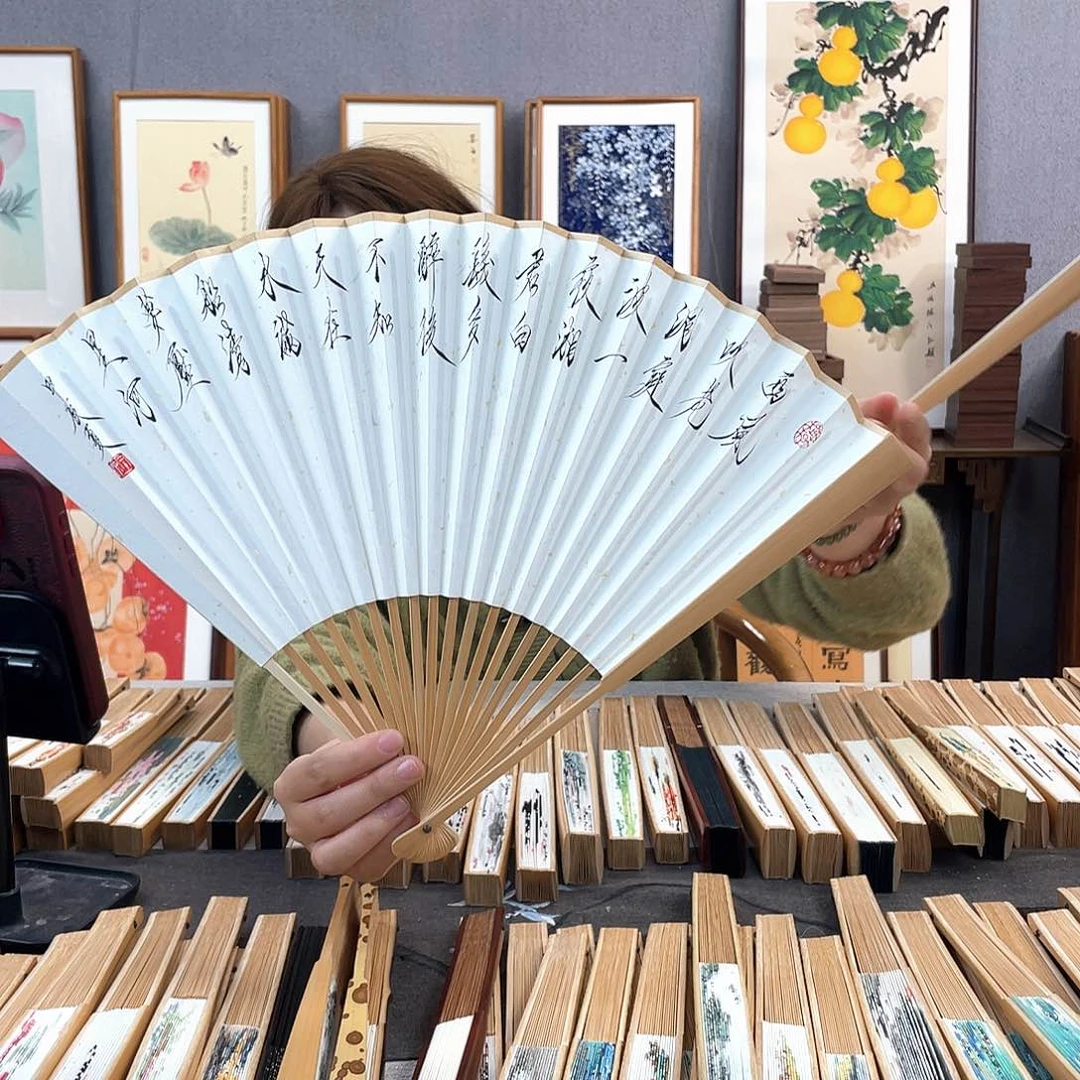 国画95寸玉竹-纯手绘-文玩扇骨（默认粘好）西风/欲买桂花