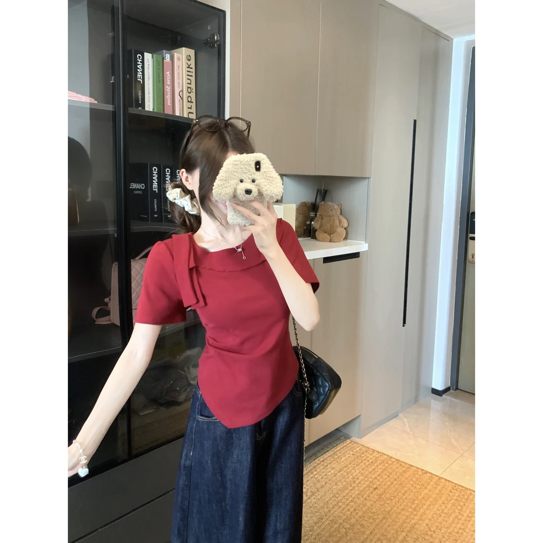 2025夏季新款胖mm大码法式不规则蝴蝶结短袖T恤纯欲修身显瘦上衣