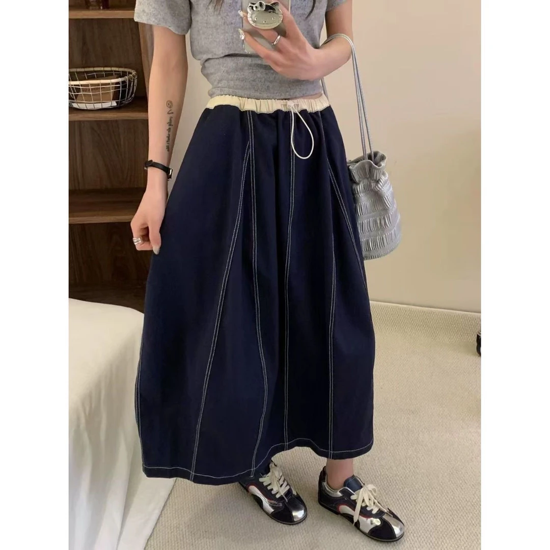 早秋新款半裙韩版休闲时尚简约撞色明线设计宽松高腰休闲半身裙子