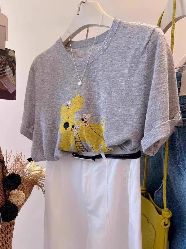 特大码300斤日系凉爽立体小狗刺绣冰丝上衣夏季慵懒风时尚短袖女